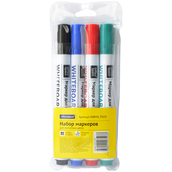 Набор маркеров для белых досок в упаковке 4 шт., 4 цвета, круглый, толщина линии письма 2,5 мм, OfficeSpace, Китай, WBM4_9503