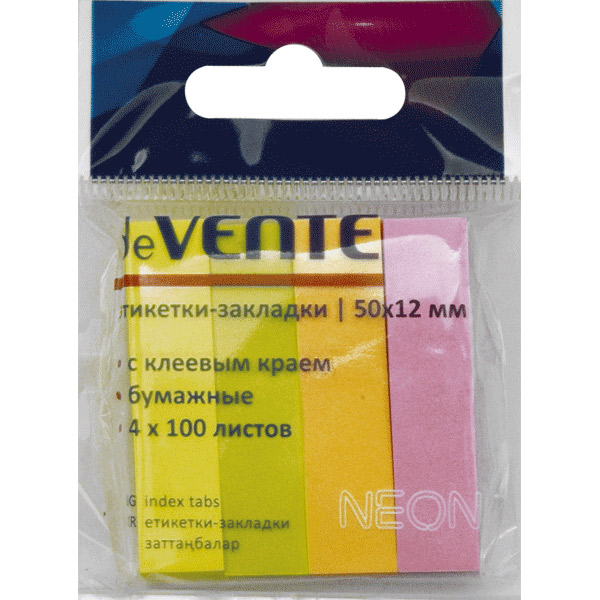 Закладки клейкие deVENTE, бумажные, 12*50 мм,  4 цвета по 100 листов, неон, Китай