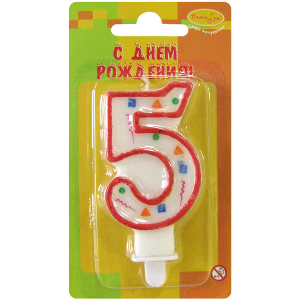 Свеча цифра, для торта, ПатиБум, "Цифра 5. Красное конфетти", высота 8 см, цвет красный, Китай