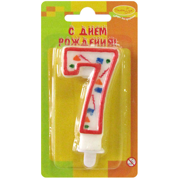 Свеча цифра, для торта, ПатиБум, "Цифра 7. Красное конфетти", высота 8 см, цвет красный, Китай