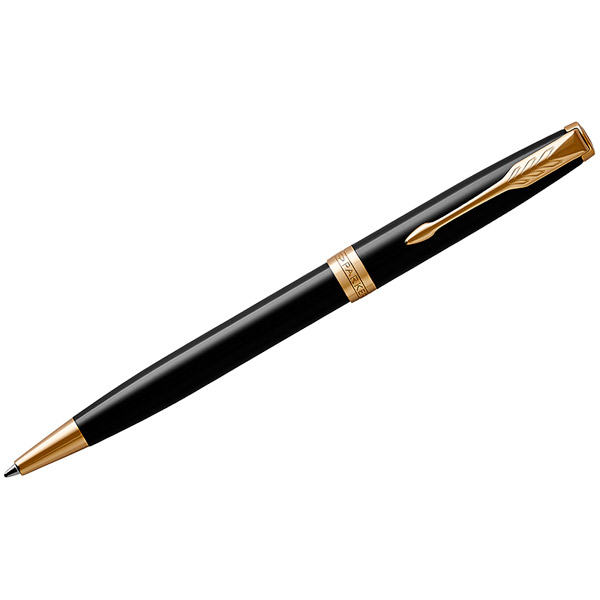 Ручка шариковая Parker, "Sonnet Core Lacquer Black GT", черный, корпус латунь, отделка позолота, цвет чернил черный, подарочный футляр, 1931497, Франция
