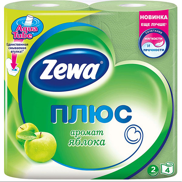 Туалетная бумага 2-сл,  4 рул, Zewa, "Plus", aqua tube, 144004, 23 м, цвет зеленый, аром. ЯБЛОКО, Россия