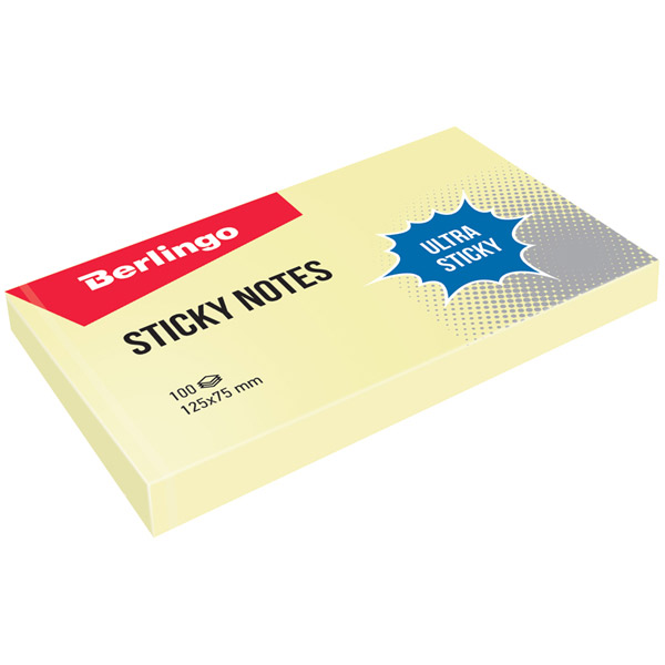 Блок самоклеящийся бумажный, 125*75 мм, 100 листов, 1 цвет, желтый, Berlingo, "Ultra Sticky", LSn_39300, Германия