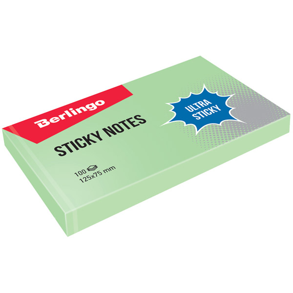 Блок самоклеящийся бумажный, 125*75 мм, 100 листов, 1 цвет, зеленый, Berlingo, "Ultra Sticky", LSn_39301, Германия