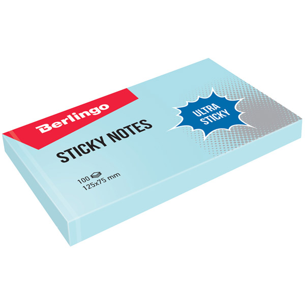 Блок самоклеящийся бумажный, 125*75 мм, 100 листов, 1 цвет, голубой, Berlingo, "Ultra Sticky", LSn_39302, Германия
