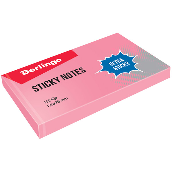 Блок самоклеящийся бумажный, 125*75 мм, 100 листов, 1 цвет, розовый, Berlingo, "Ultra Sticky", LSn_39303, Германия