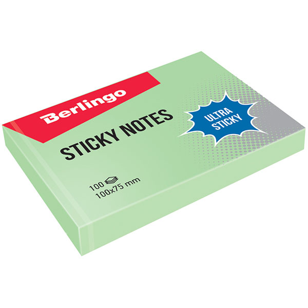 Блок самоклеящийся бумажный, 100*75 мм, 100 листов, 1 цвет, зеленый, Berlingo, "Ultra Sticky", LSn_39303, Германия