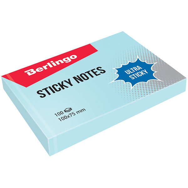 Блок самоклеящийся бумажный, 100*75 мм, 100 листов, 1 цвет, голубой, Berlingo, "Ultra Sticky", LSn_39303, Германия