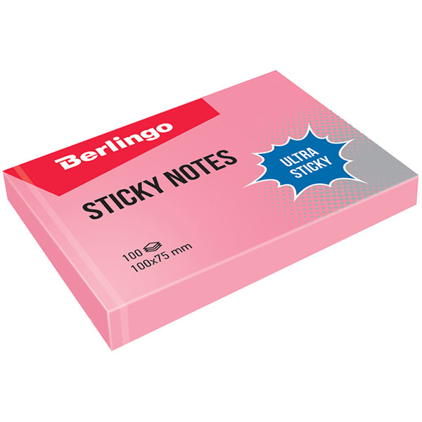 Блок самоклеящийся бумажный, 100*75 мм, 100 листов, 1 цвет, розовый, Berlingo, "Ultra Sticky", LSn_39303, Германия