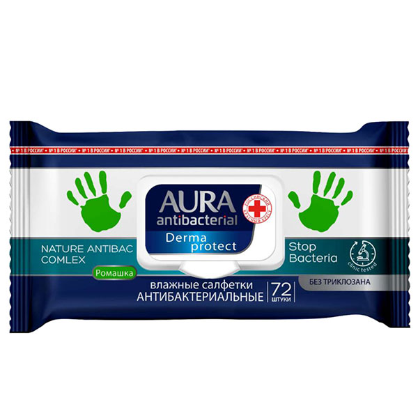 Салфетки влажные Антибактериальные, с ромашкой, AURA, "Derma Protect", упаковка пакет с пластиковым клапаном