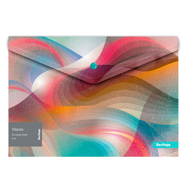 Папка-конверт с кнопкой A4, непрозрачный пластик, цвет рисунок, плотность 180 мкм, Berlingo, "Waves", Китай