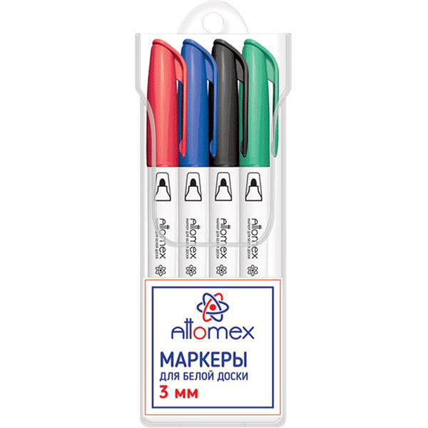 Набор маркеров для белых досок в упаковке 4 шт., 4 цвета, круглый, толщина линии письма 3 мм, ATTOMEX, Китай, 5040705