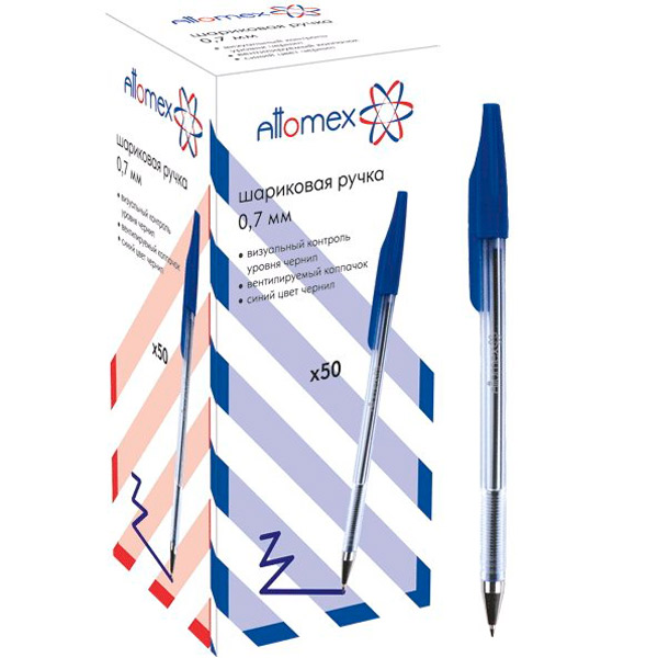 Ручка шариковая ATTOMEX, цвет чернил синий, толщина линии письма 0,3 мм, корпус пластик, прозрачный, Китай
