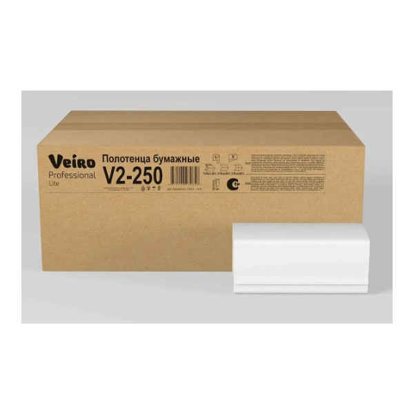 Полотенца бум.  H3, 1-сл,   1пач*250л, VEIRO Professional Lite V2-250, 21*21,6см, V(ZZ)-слож, белые