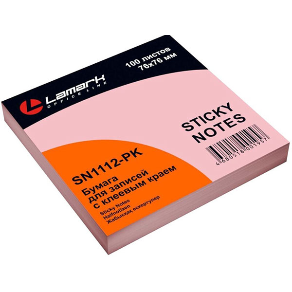 Блок самоклеящийся 76*76 мм, 100 листов, 1 цвет, розовый пастель, Lamark, Sticky Notes, SN1112-PK