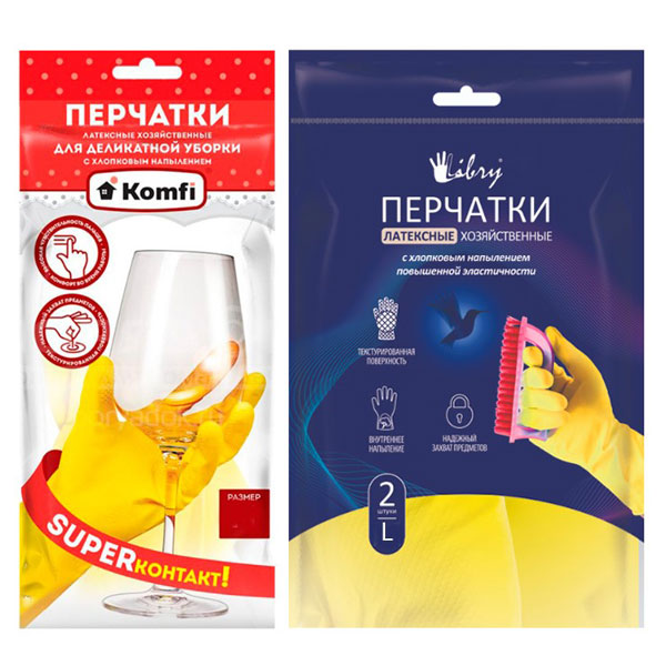 Перчатки хоз латекс многораз, L, 1пара, Komfi/Libry/Континент, 4785, желтые, х/б напыление, для деликатной уборки