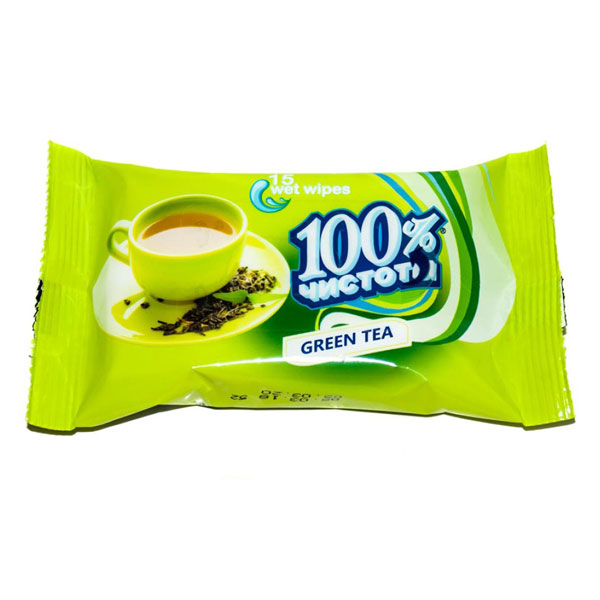 Салфетки влажн.,   15шт/уп, универс, "100% чистоты", Зеленый чай