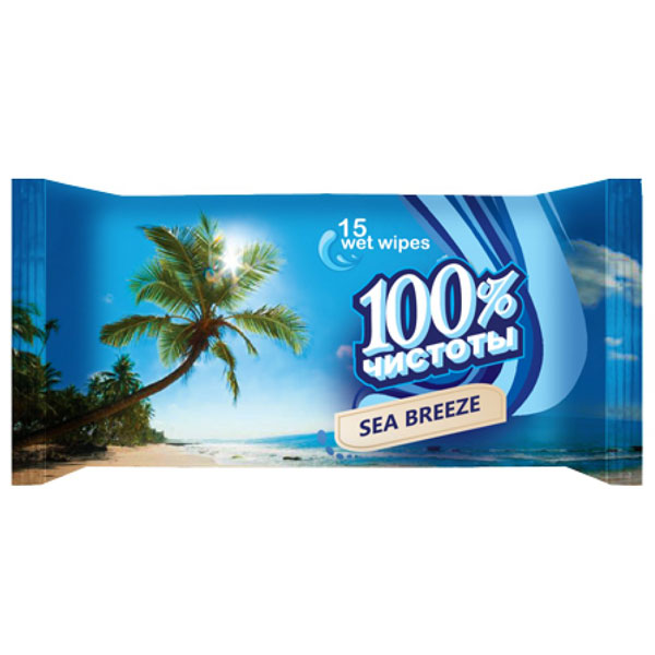 Салфетки влажн.,   15шт/уп, универс, "100% чистоты", Морская свежесть