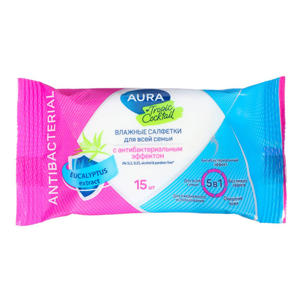 Салфетки влаж, антибакт,  15шт/уп, AURA Tropic cocktail, с мягкой крышкой