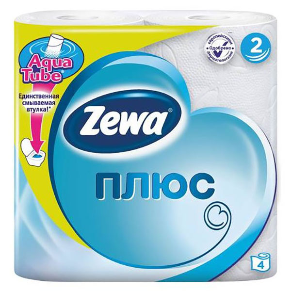 Туалетная бумага 2-сл,  4 рул, Zewa, "Plus AquaTube", 144051, 23 м, цвет белый, Россия