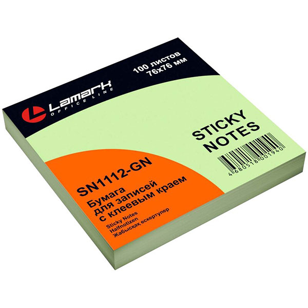 Блок самоклеящийся 76*76 мм, 100 листов, 1 цвет, зеленый пастель, Lamark, Sticky Notes, SN1112-GN
