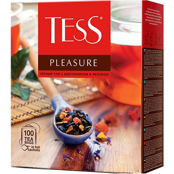 Чай 100 пакетиков, Tess, "Pleasure", черный, с шиповником и яблоком, вес 100 пакетиков по 1,5 г