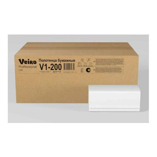 Полотенца бум.  H2, 1-сл,  1пач*200л, VEIRO Professional Lite V1-200, 21*21,6см, V-сложение, облагор. макул., цвет натуральный